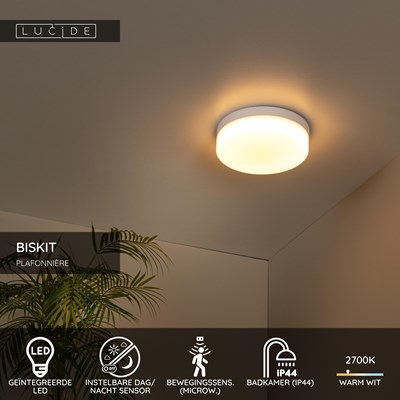 Lucide BISKIT - Plafonnière Badkamer - Ø 23 cm - LED - 1x12W 2700K - IP44 - Bewegingssensor - Wit